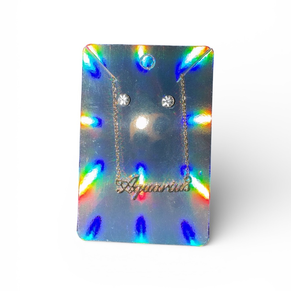 #349–❤️$5/$25❤️Aquarius Script Pendant Necklace with Crystal Studs - Gold Tone